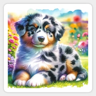 Watercolor Miniature American Shepherd Puppies Painting - Cute Puppy Sticker